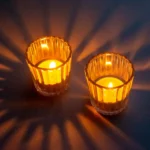 Glowing candles in glass holders create warm reflections and a cozy atmosphere.