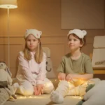 Two children enjoying a cozy sleepover with fairy lights and plush toys in a warmly lit room.